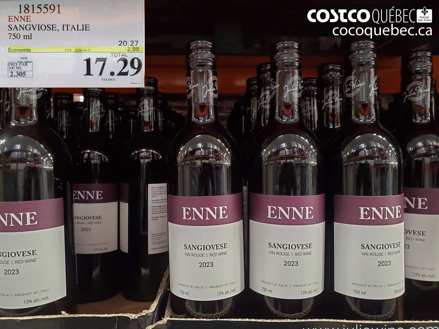 1815591 ENNE SANGVIOSE, ITALIE 750 ML ($2.98 INSTANT SAVINGS EXPIRES ON 2026-09-27) $17.29