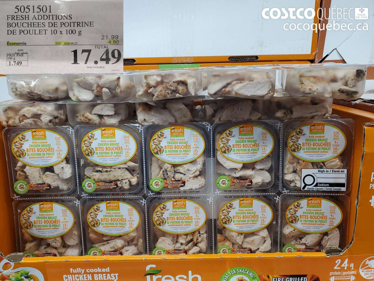 5051501 FRESH ADDITIONS BOUCHEES DE POITRINE DE POULET 10 X 100 G ($4.50 INSTANT SAVINGS EXPIRES ON 2026-09-27) $17.49