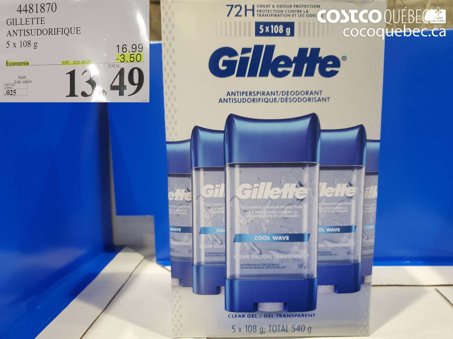 4481870 GILLETTE ANTISUDORIFIQUE ($3.50 INSTANT SAVINGS EXPIRES ON 2026-10-25) $13.49