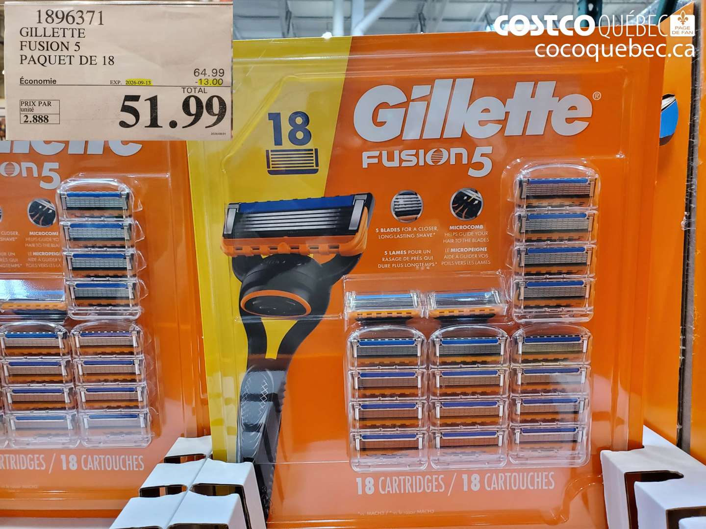 1896371 GILLETTE FUSION 5 PAQUET DE 18 ($13.00 INSTANT SAVINGS EXPIRES ON 2026-09-13) $51.99