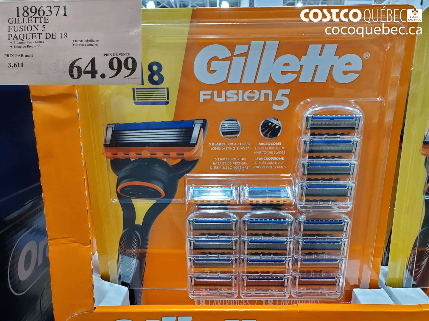 1896371 GILLETTE FUSION 5 PAQUET DE 18 $64.99