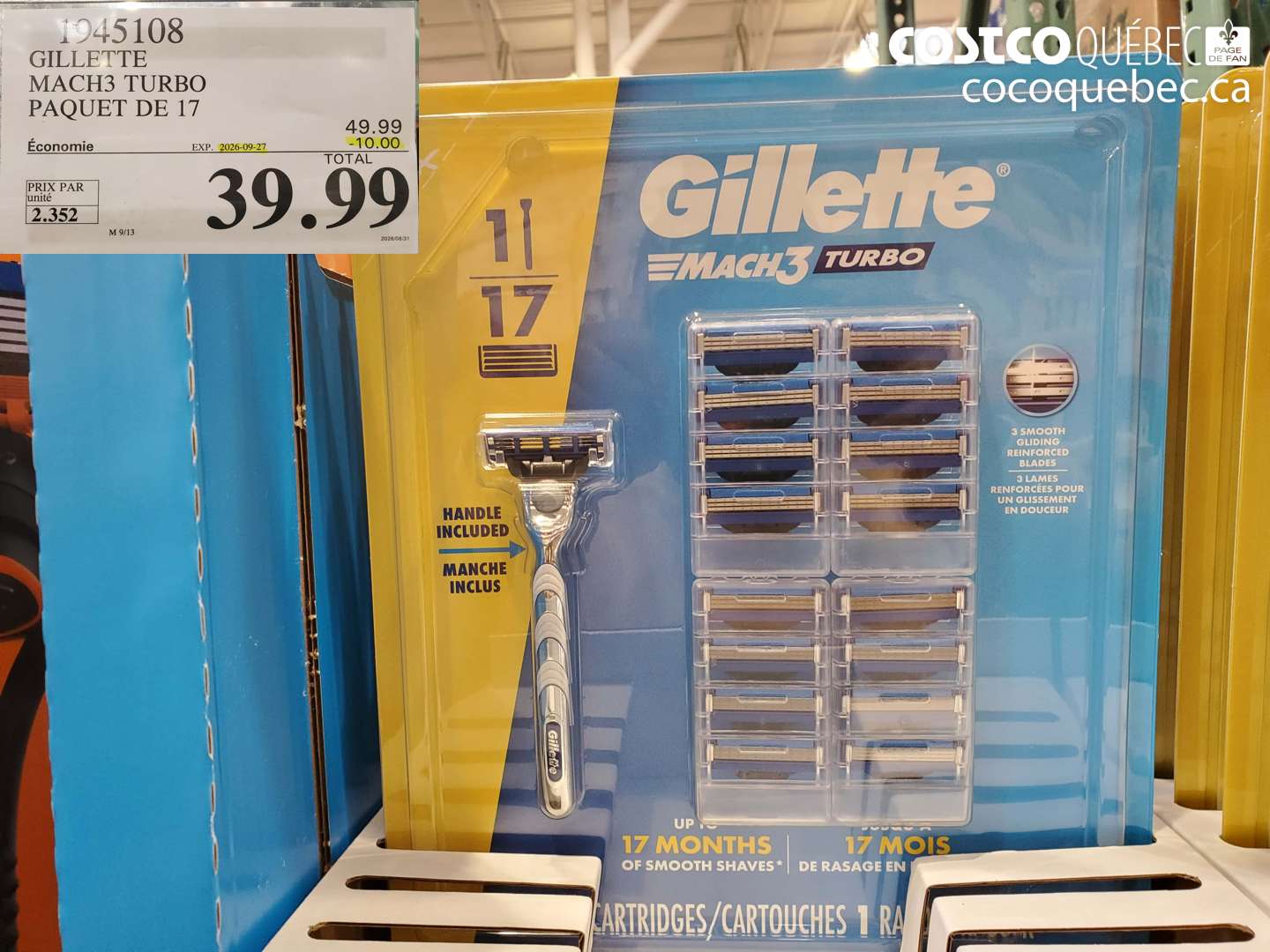 1945108 GILLETTE MACH3 TURBO PAQUET DE 17 ($10.00 INSTANT SAVINGS EXPIRES ON 2026-09-27) $39.99