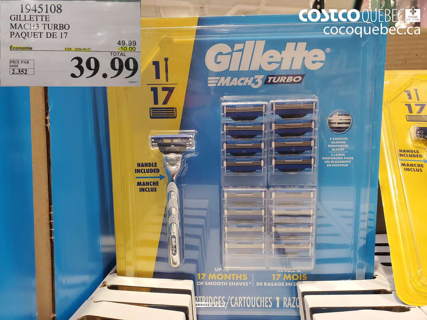 1945108 GILLETTE MACH3 TURBO PAQUET DE 17 ($10.00 INSTANT SAVINGS EXPIRES ON 2026-09-27) $39.99