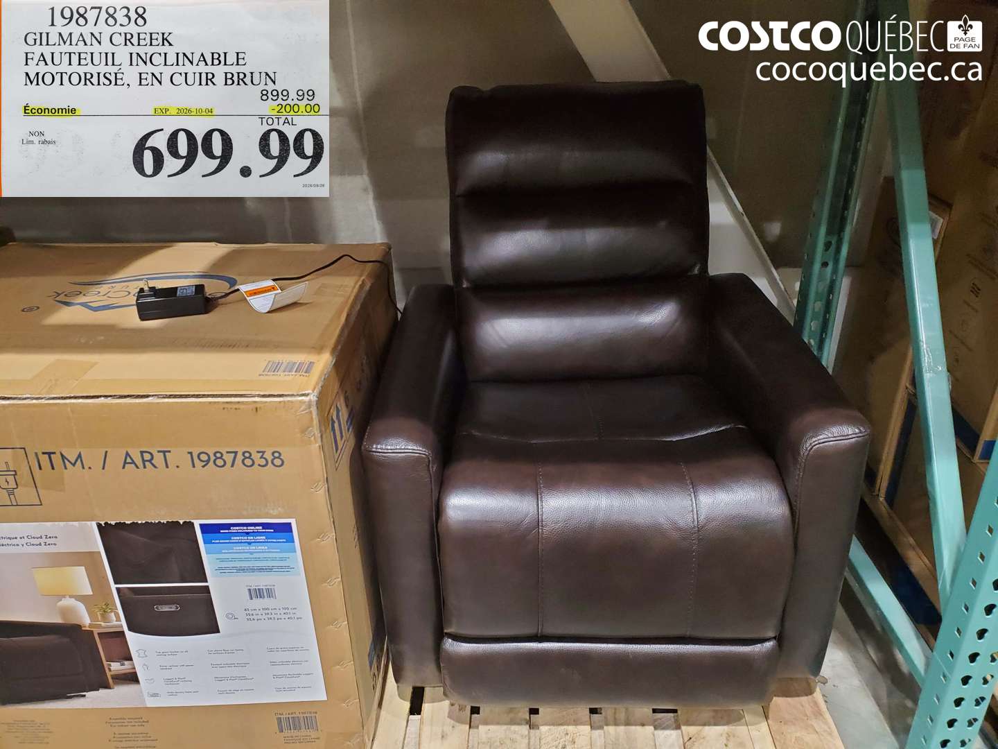 1987838 GILMAN CREEK FAUTEUIL INCLINABLE MOTORISÉ, EN CUIR BRUN ($200.00 INSTANT SAVINGS EXPIRES ON 2026-10-04) $699.99