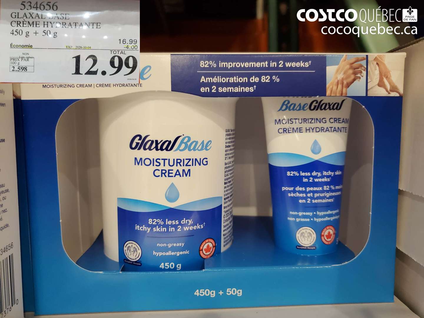 534656 GLAXAL BASE CRÈME HYDRATANTE 450 G + 50 G ($4.00 INSTANT SAVINGS EXPIRES ON 2026-10-04) $12.99