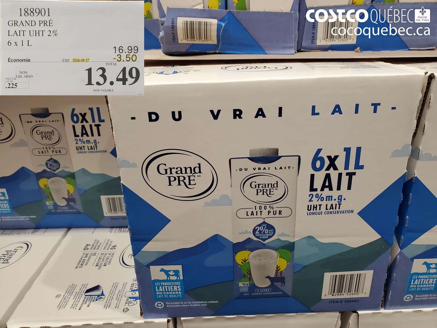 188901 GRAND PRÉ LAIT UHT 2% 6 X 1 L ($3.50 INSTANT SAVINGS EXPIRES ON 2026-09-27) $13.49
