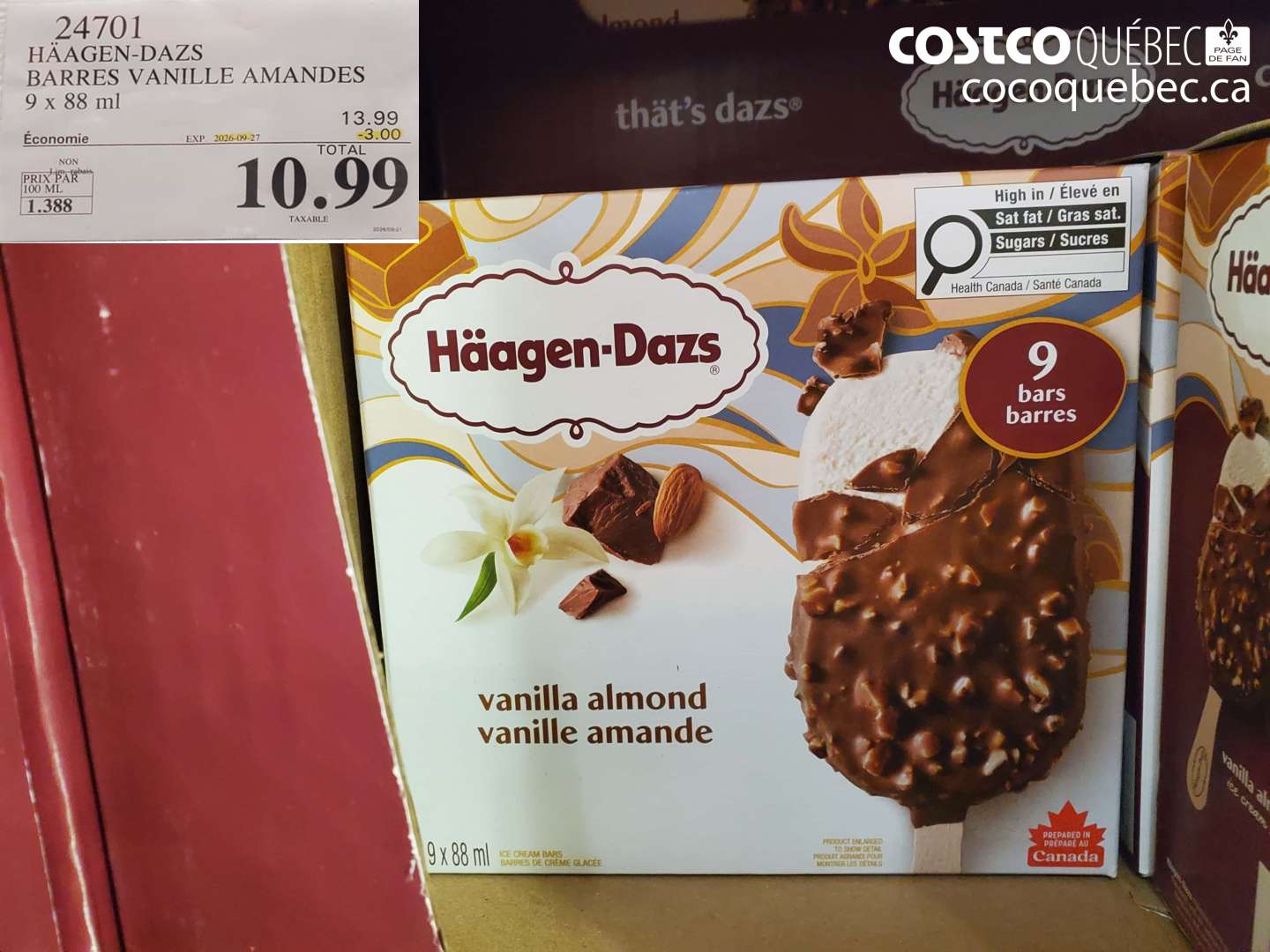 24701 HÄAGEN-DAZS BARRES VANILLE AMANDES ($3.00 INSTANT SAVINGS EXPIRES ON 2026-09-27) $10.99