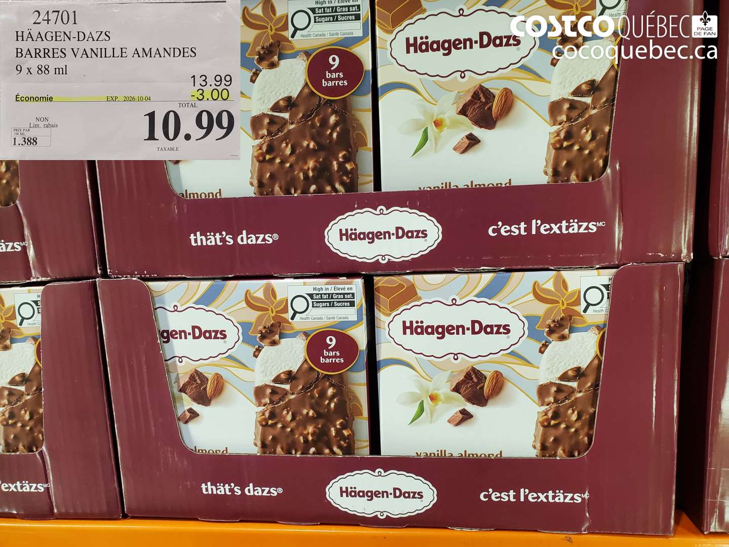 24701 HÄAGEN-DAZS BARRES VANILLE AMANDES ($3.00 INSTANT SAVINGS EXPIRES ON 2026-10-04) $10.99