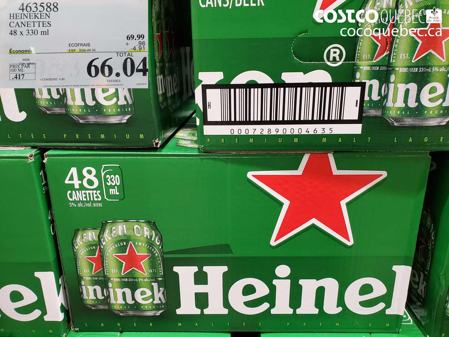 463588 HEINEKEN CANETTES 48 X 330 ML ($4.91 INSTANT SAVINGS EXPIRES ON 2026-09-30) $66.04