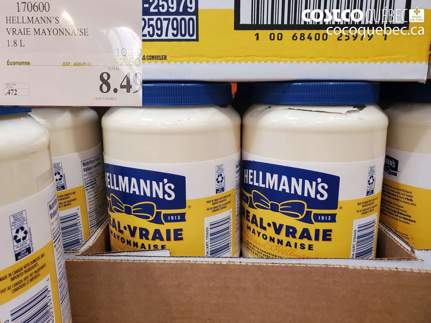 170600 HELLMANN'S VRAIE MAYONNAISE 1.8 L ($2.50 INSTANT SAVINGS EXPIRES ON 2026-09-13) $8.49