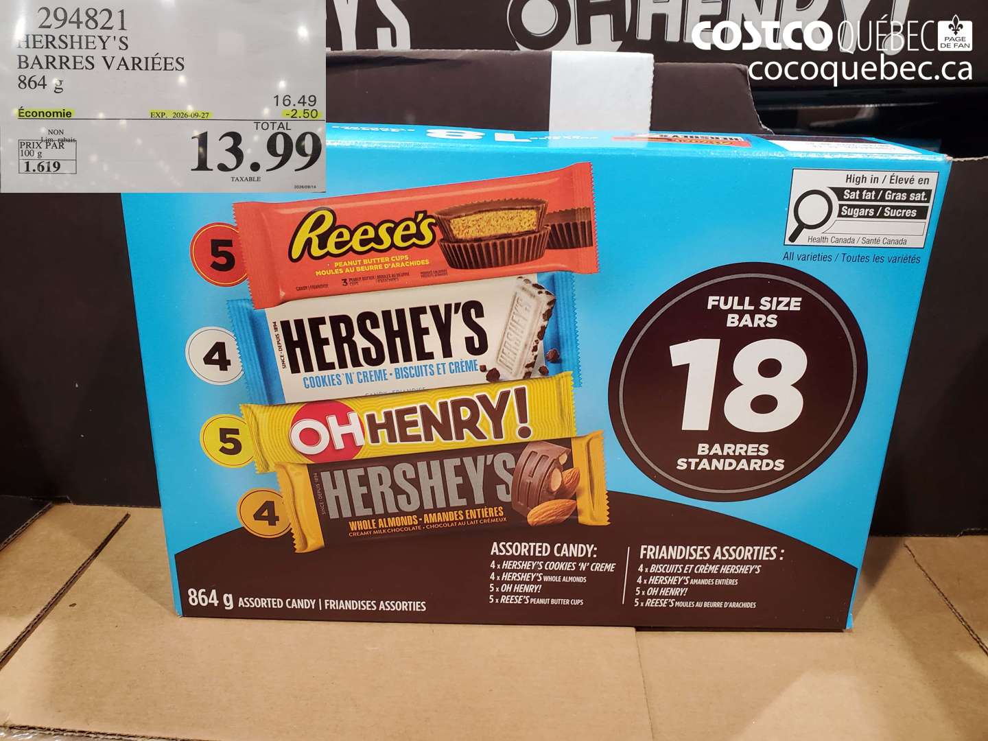 294821 HERSHEY'S BARRES VARIÉES ($2.50 INSTANT SAVINGS EXPIRES ON 2026-09-27) $13.99