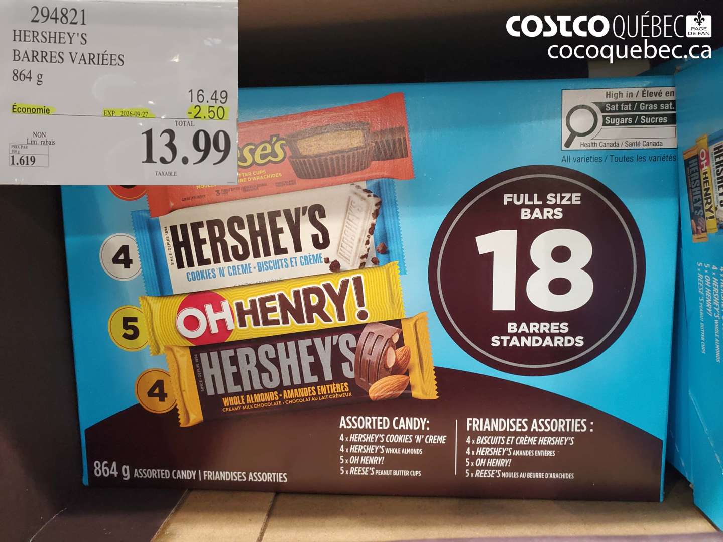 294821 HERSHEY'S BARRES VARIÉES ($2.50 INSTANT SAVINGS EXPIRES ON 2026-09-27) $13.99