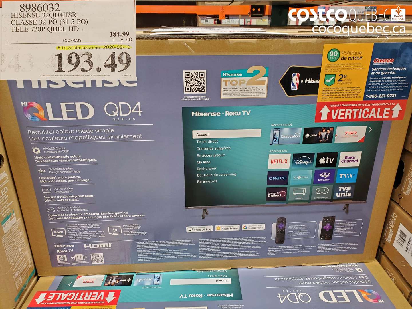 8986032 HISENSE 32QD4HSR CLASSE 32 PO (31.5 PO) TÉLÉ 720P QDEL HD (EXPIRES ON 2026-09-10) $193.49