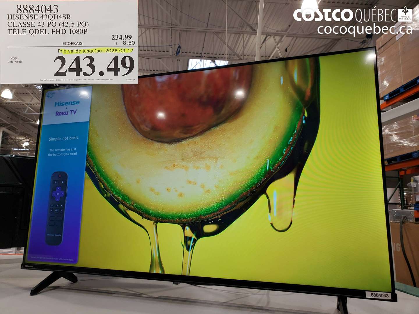8884043 HISENSE 43QD4SR CLASSE 43 PO (42.5 PO) TÉLÉ QDEL FHD 1080P (EXPIRES ON 2026-09-17) $243.49