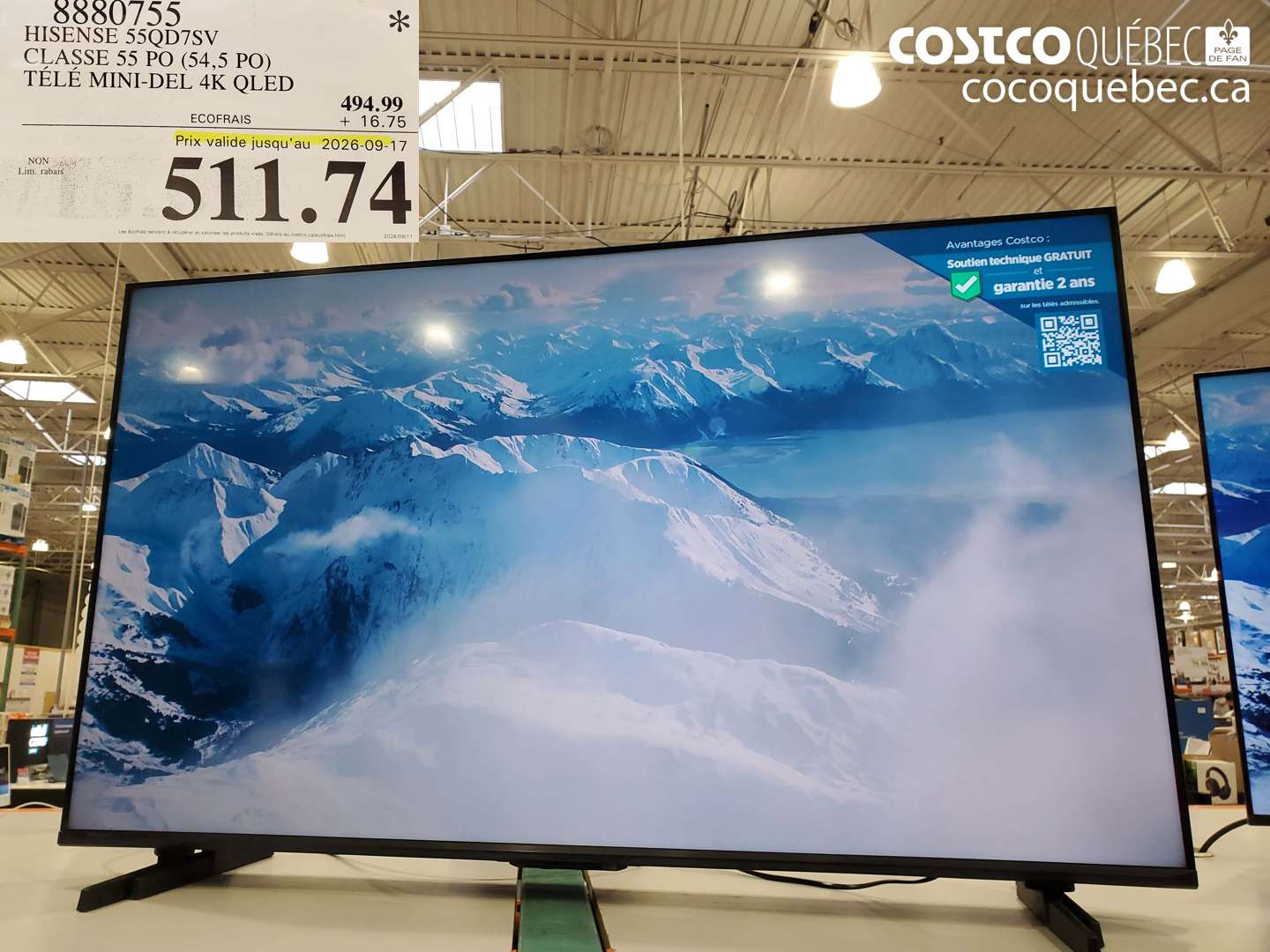 8880755 HISENSE 55QD7SV CLASSE 55 PO (54.5 PO) TÉLÉ MINI-DEL 4K QLED (EXPIRES ON 2026-09-17) $511.74