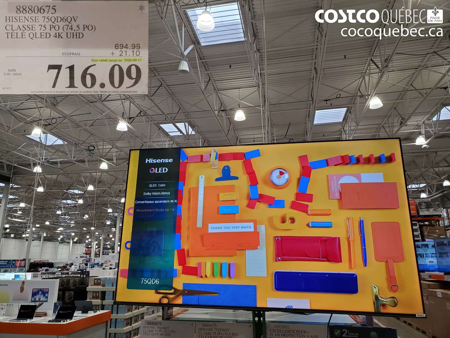 8880675 HISENSE 75QD6QV CLASSE 75 PO (74.5 PO) TÉLÉ QLED 4K UHD (EXPIRES ON 2026-09-17) $716.09