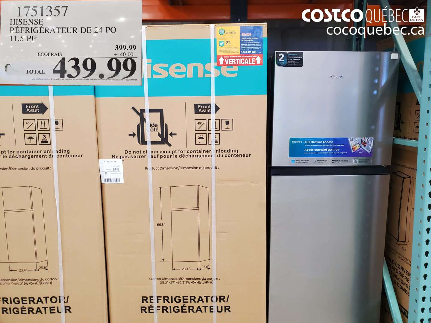 1751357 HISENSE RÉFRIGÉRATEUR DE 24 PO $439.99