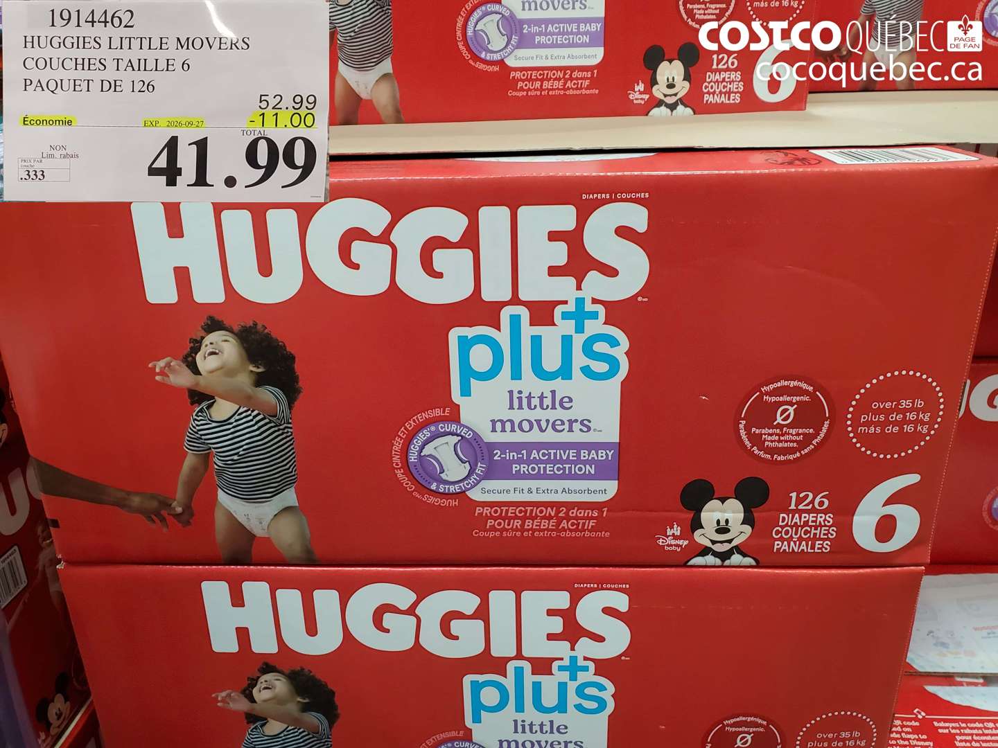 1914462 HUGGIES LITTLE MOVERS COUCHES TAILLE 6 PAQUET DE 126 ($11.00 INSTANT SAVINGS EXPIRES ON 2026-09-27) $41.99
