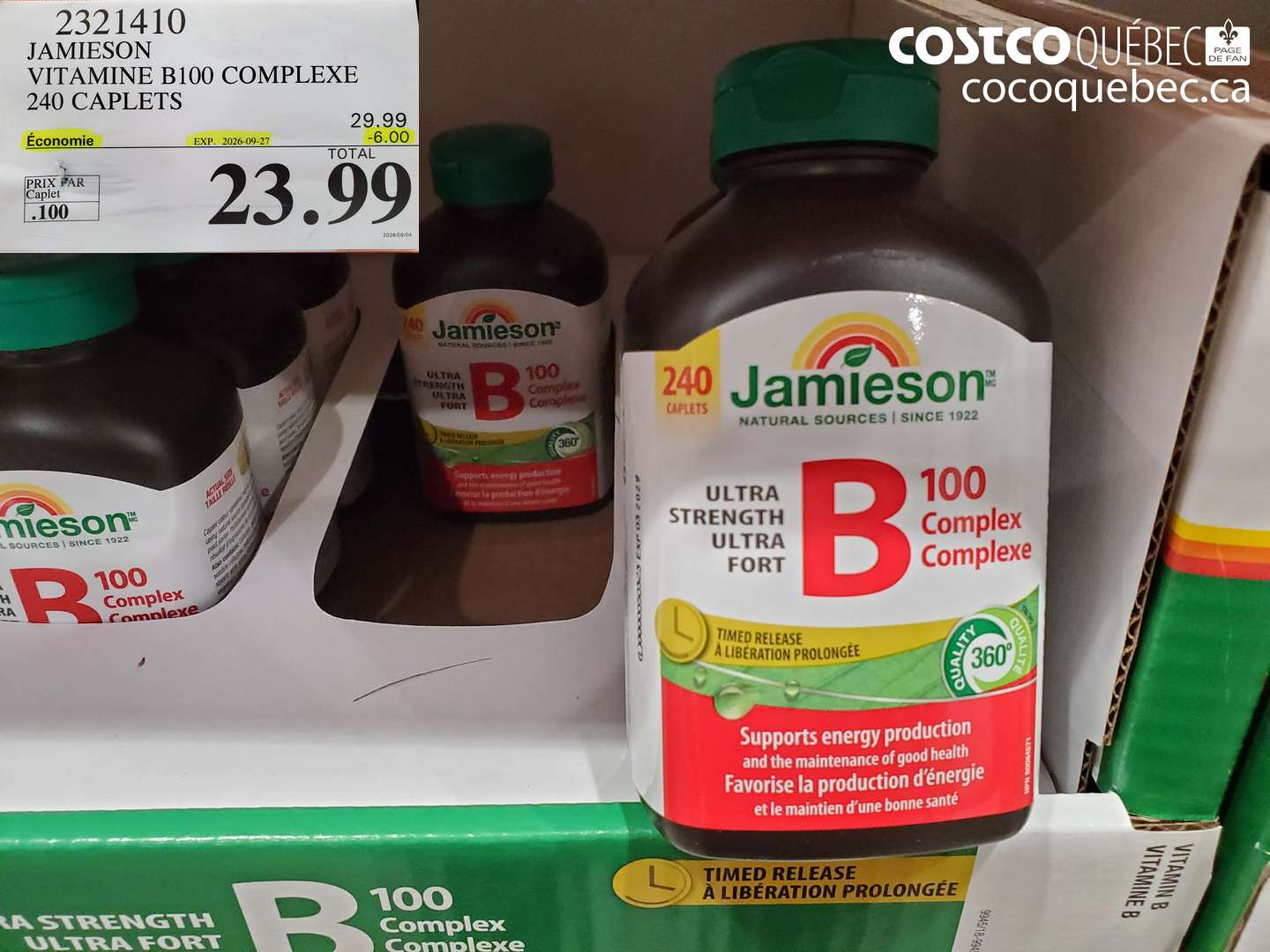 2321410 JAMIESON VITAMINE B100 COMPLEXE 240 CAPLETS ($6.00 INSTANT SAVINGS EXPIRES ON 2026-09-27) $23.99