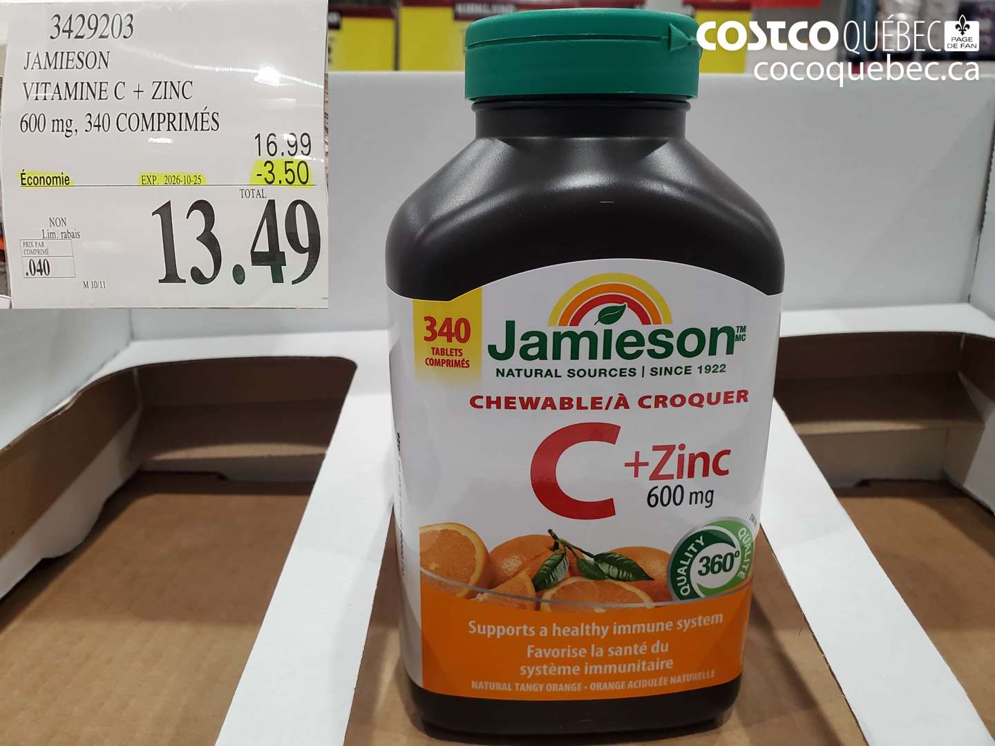 3429203 JAMIESON VITAMINE C + ZINC 600 MG, 340 COMPRIMÉS ($3.50 INSTANT SAVINGS EXPIRES ON 2026-10-25) $13.49