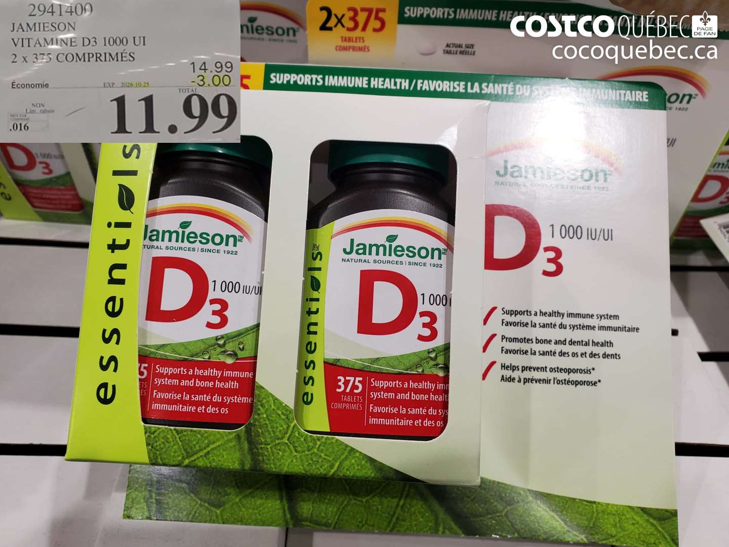 2941400 JAMIESON VITAMINE D3 1000 UI 2 X 375 COMPRIMÉS ($3.00 INSTANT SAVINGS EXPIRES ON 2026-10-25) $11.99