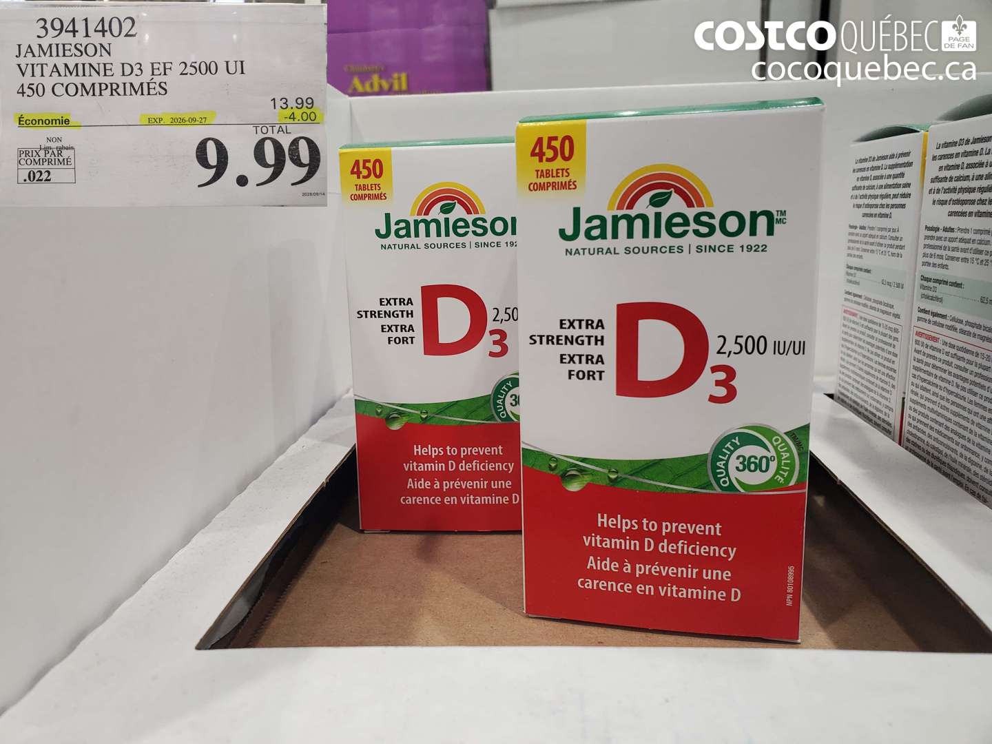 3941402 JAMIESON VITAMINE D3 EF 2500 UI 450 COMPRIMÉS ($4.00 INSTANT SAVINGS EXPIRES ON 2026-09-27) $9.99