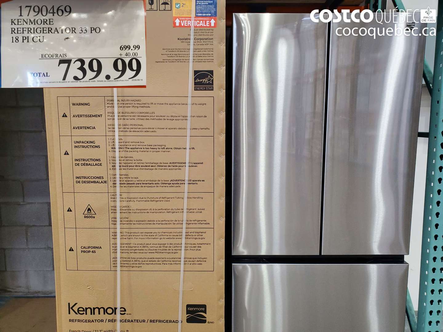 1790469 KENMORE REFRIGERATOR 33 PO 18 PI CU $739.99
