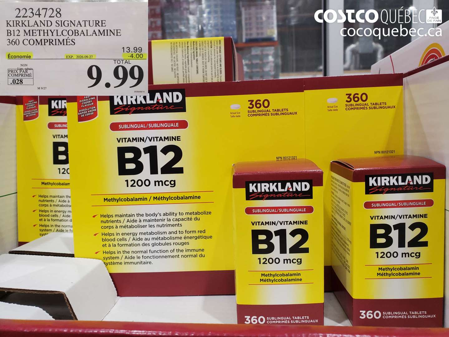 2234728 KIRKLAND SIGNATURE B12 METHYLCOBALAMINE 360 COMPRIMÉS ($4.00 INSTANT SAVINGS EXPIRES ON 2026-09-27) $9.99