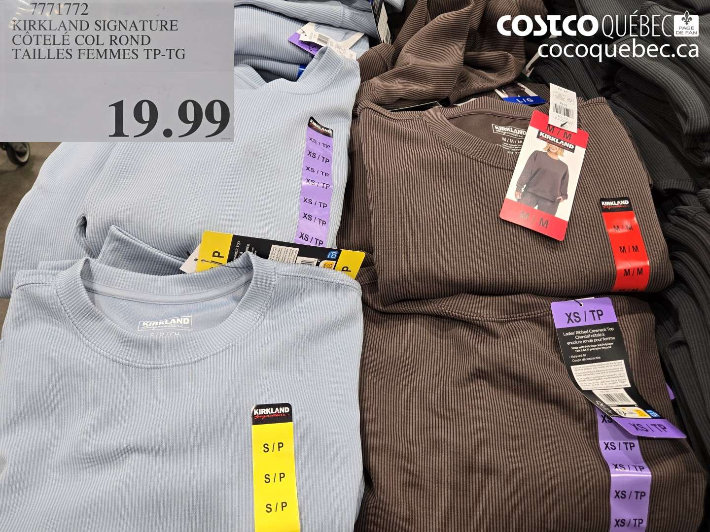 7771772 KIRKLAND SIGNATURE CÔTELÉ COL ROND TAILLES FEMMES TP-TG $19.99