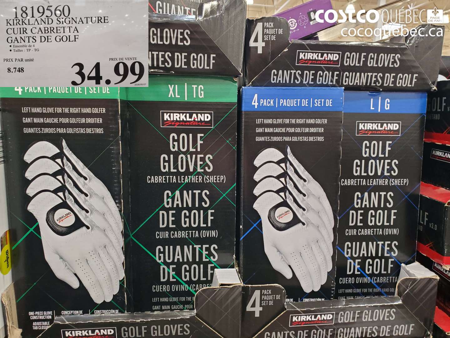 1819560 KIRKLAND SIGNATURE CUIR CABRETTA GANTS DE GOLF $34.99