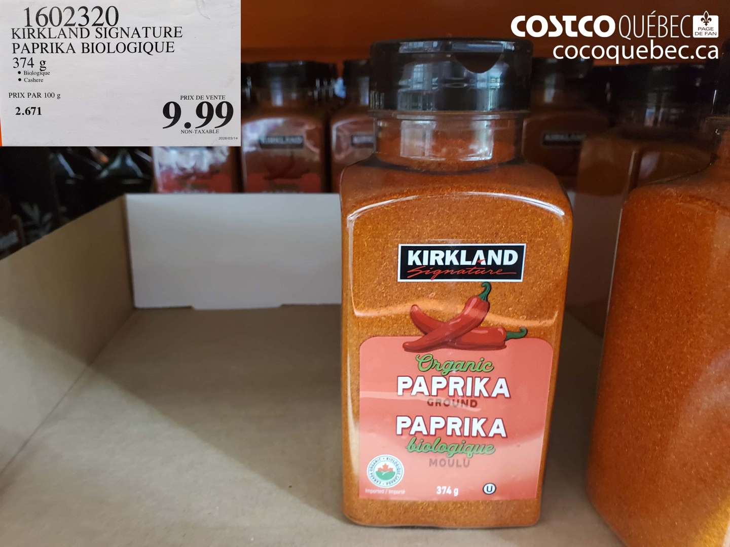 1602320 KIRKLAND SIGNATURE PAPRIKA BIOLOGIQUE 374 G $9.99