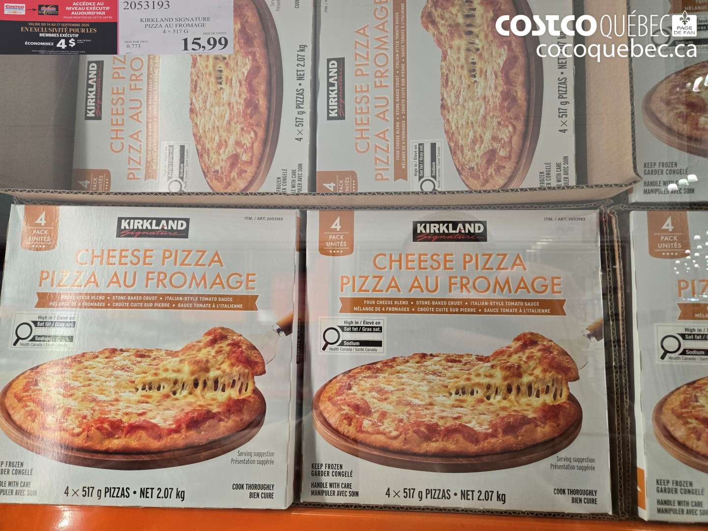 2053193 KIRKLAND SIGNATURE PIZZA AU FROMAGE 4 X 517 G ($4.00 INSTANT SAVINGS EXPIRES ON 2026-09-27) $15.99