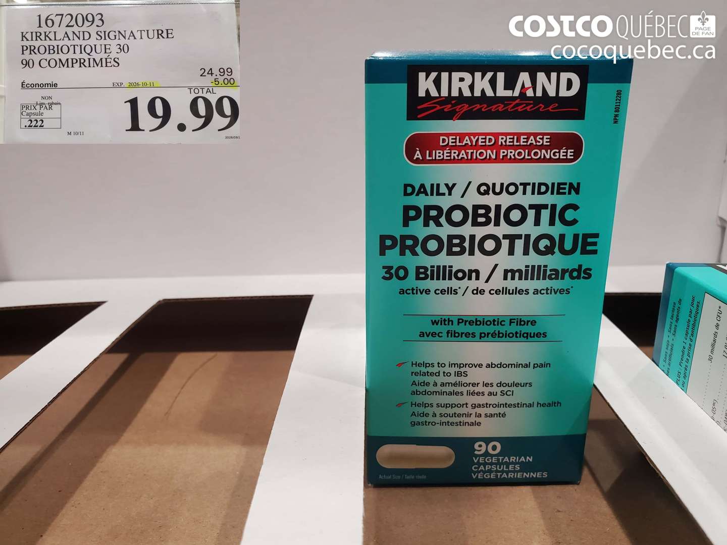 1672093 KIRKLAND SIGNATURE PROBIOTIQUE 30 90 COMPRIMÉS ($5.00 INSTANT SAVINGS EXPIRES ON 2026-10-11) $19.99