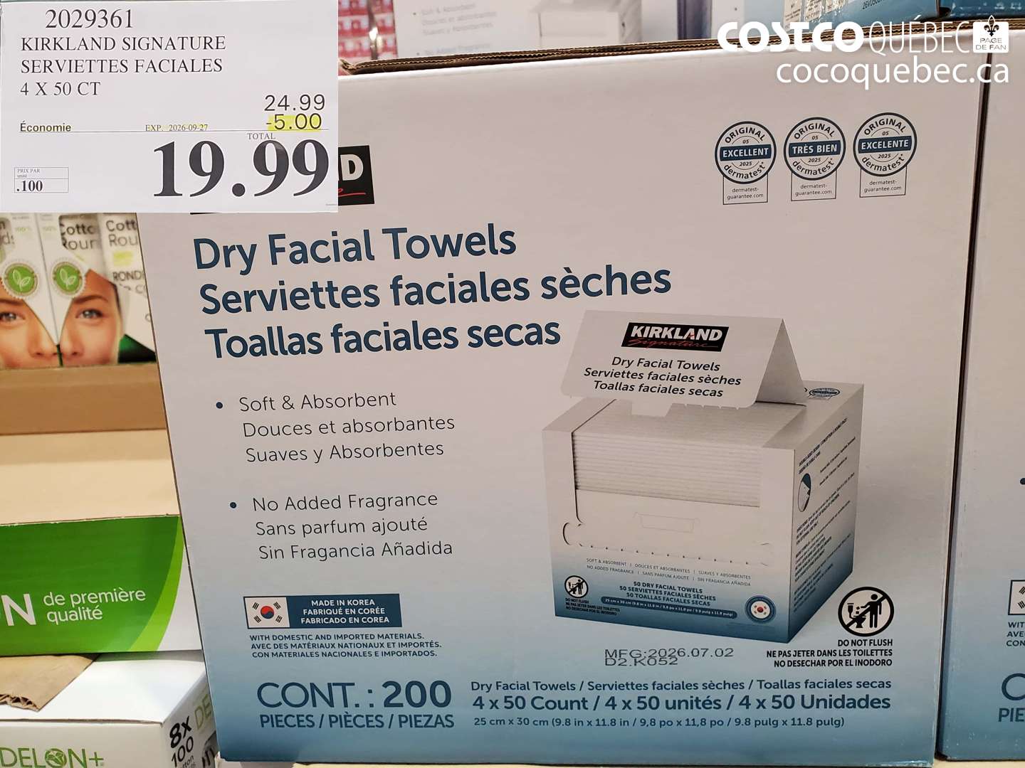 2029361 KIRKLAND SIGNATURE SERVIETTES FACIALES 4 X 50 CT ($5.00 INSTANT SAVINGS EXPIRES ON 2026-09-27) $19.99