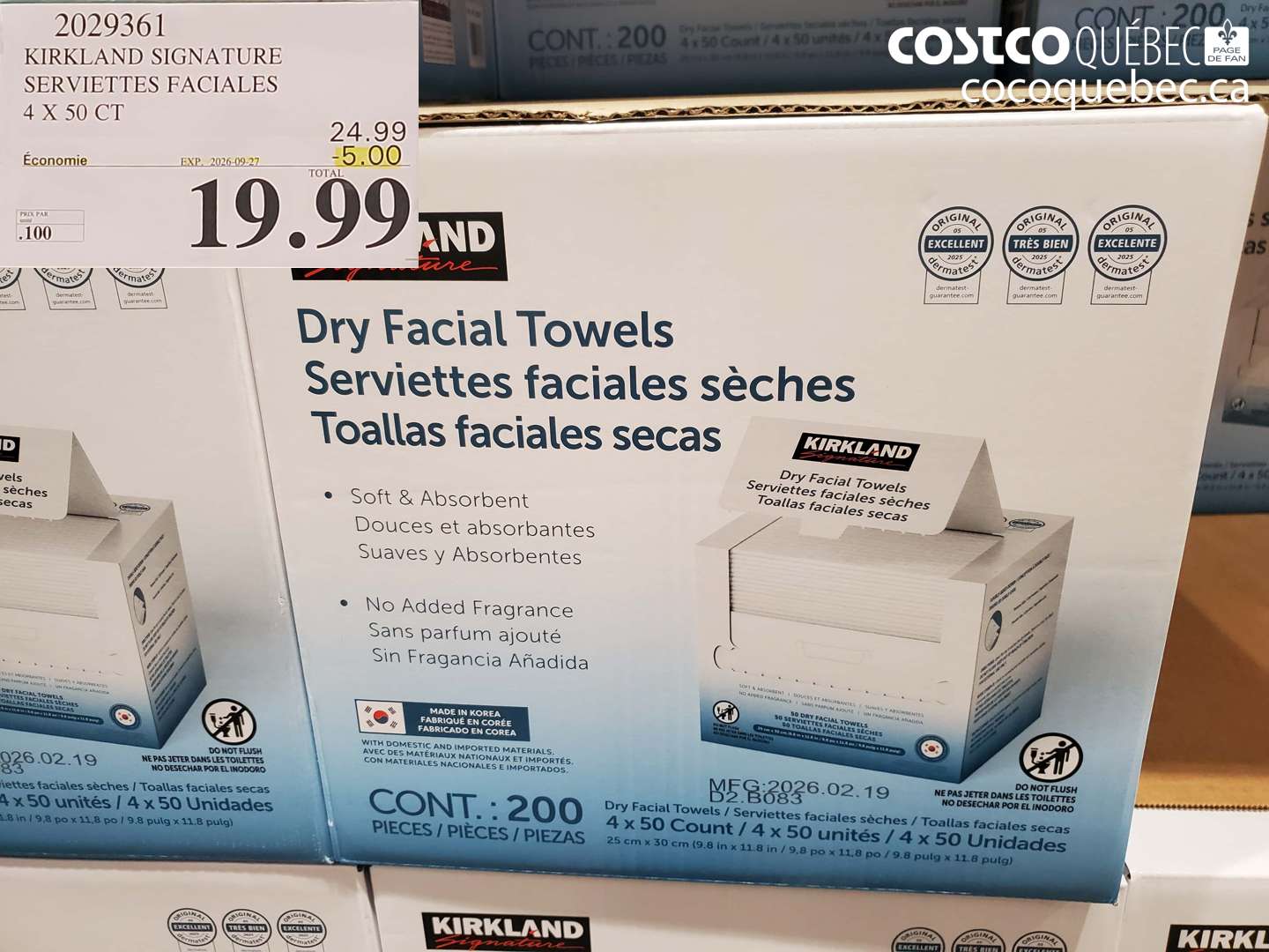 2029361 KIRKLAND SIGNATURE SERVIETTES FACIALES 4 X 50 CT ($5.00 INSTANT SAVINGS EXPIRES ON 2026-09-27) $19.99