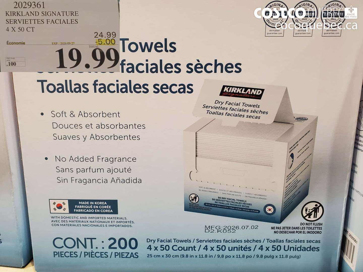 2029361 KIRKLAND SIGNATURE SERVIETTES FACIALES 4 X 50 CT ($5.00 INSTANT SAVINGS EXPIRES ON 2026-09-27) $19.99