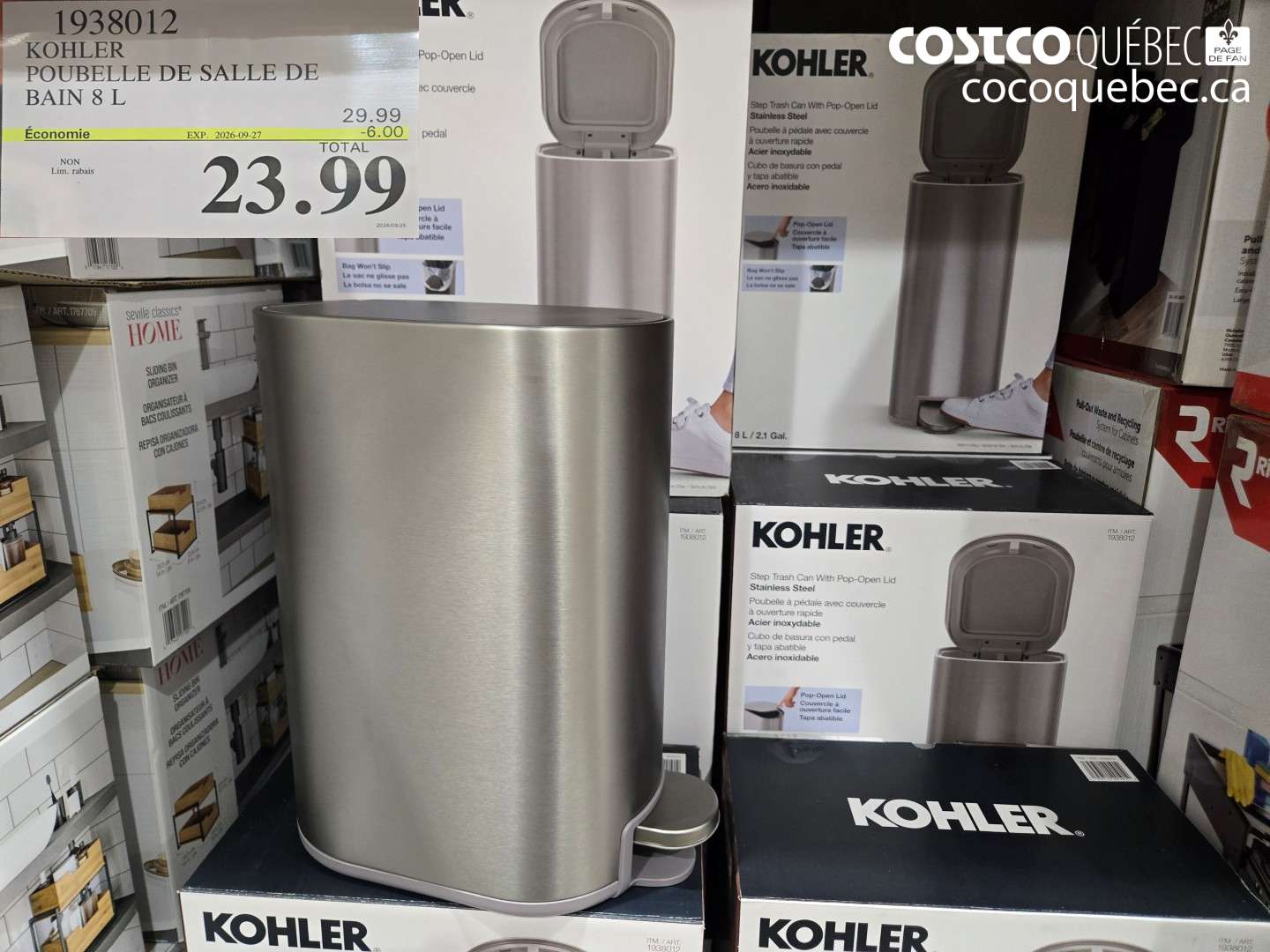 1938012 KOHLER POUBELLE DE SALLE DE BAIN 8 L ($6.00 INSTANT SAVINGS EXPIRES ON 2026-09-27) $23.99