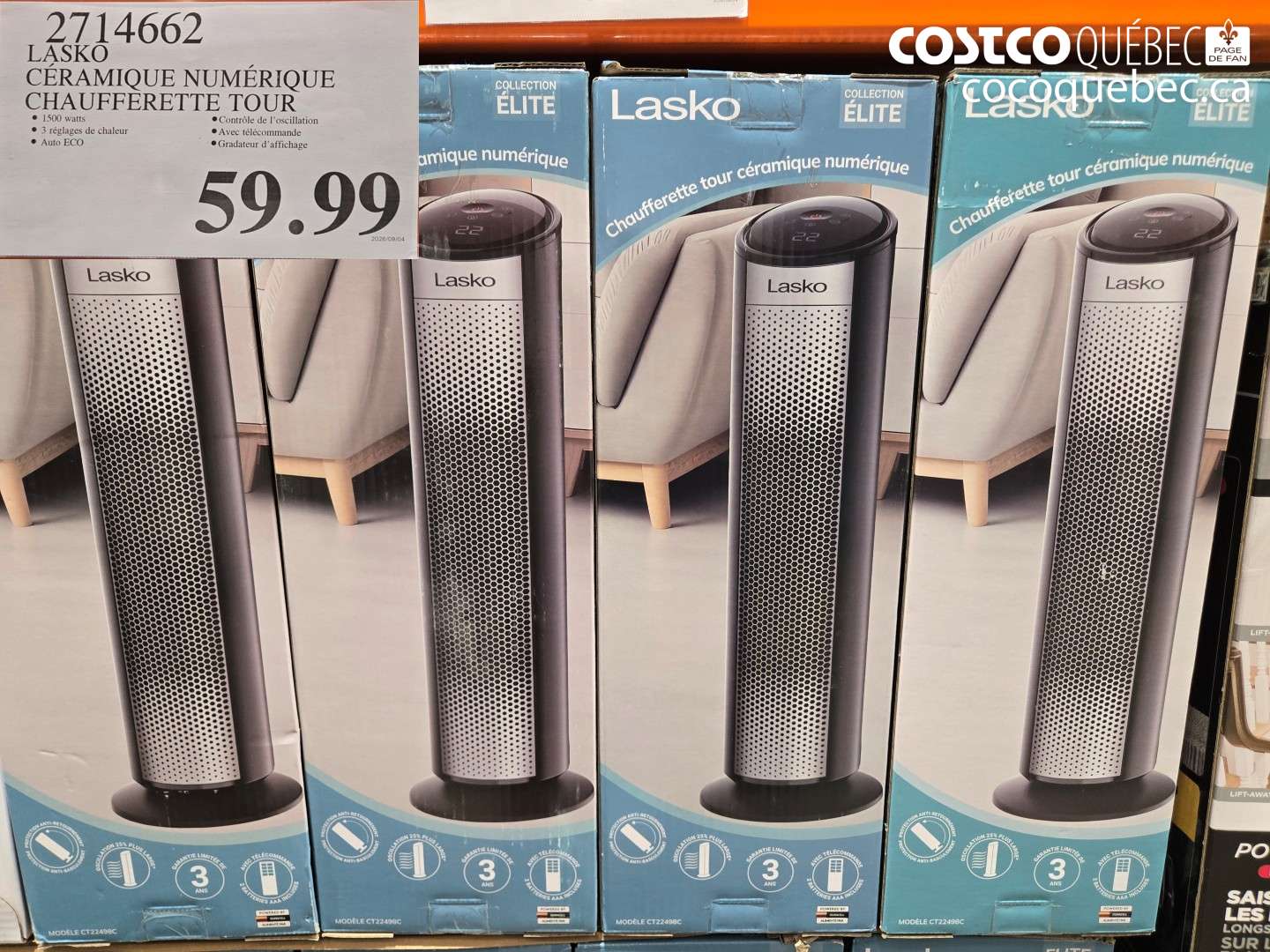 2714662 LASKO CÉRAMIQUE NUMÉRIQUE CHAUFFERETTE TOUR $59.99