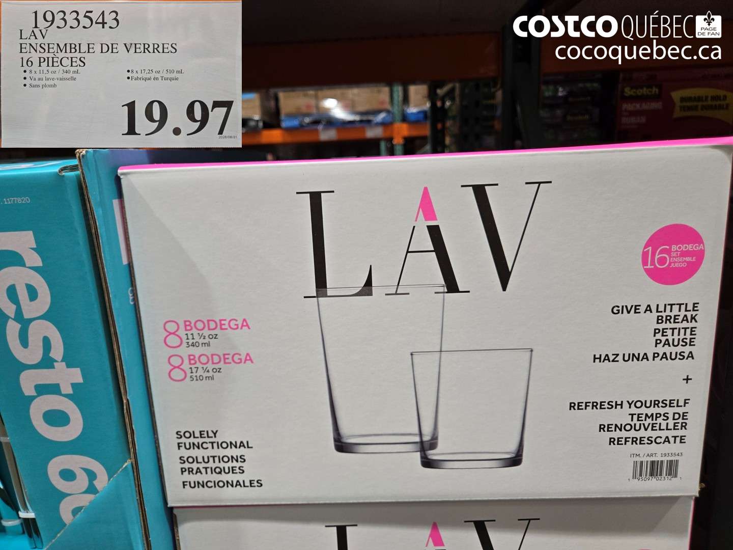 1933543 LAV ENSEMBLE DE VERRES 16 PIÈCES $19.97