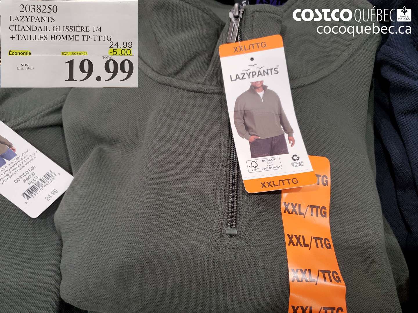 2038250 LAZYPANTS CHANDAIL GLISSIÈRE 1/4 + TAILLES HOMME TP-TTTG ($5.00 INSTANT SAVINGS EXPIRES ON 2026-09-27) $19.99