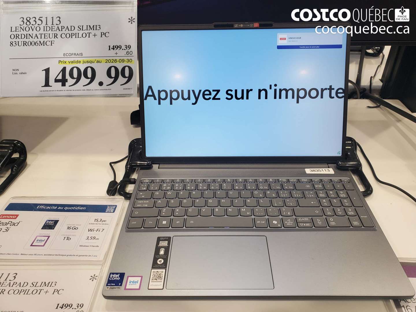 3835113 LENOVO IDEAPAD SLIMI3 ORDINATEUR COPILOT + PC 83UR006MCF (EXPIRES ON 2026-09-30) $1499.99
