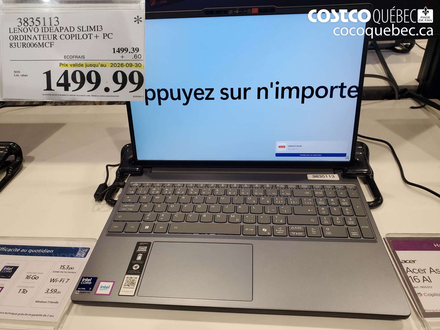 3835113 LENOVO IDEAPAD SLIMI3 ORDINATEUR COPILOT + PC 83UR006MCF (EXPIRES ON 2026-09-30) $1499.99