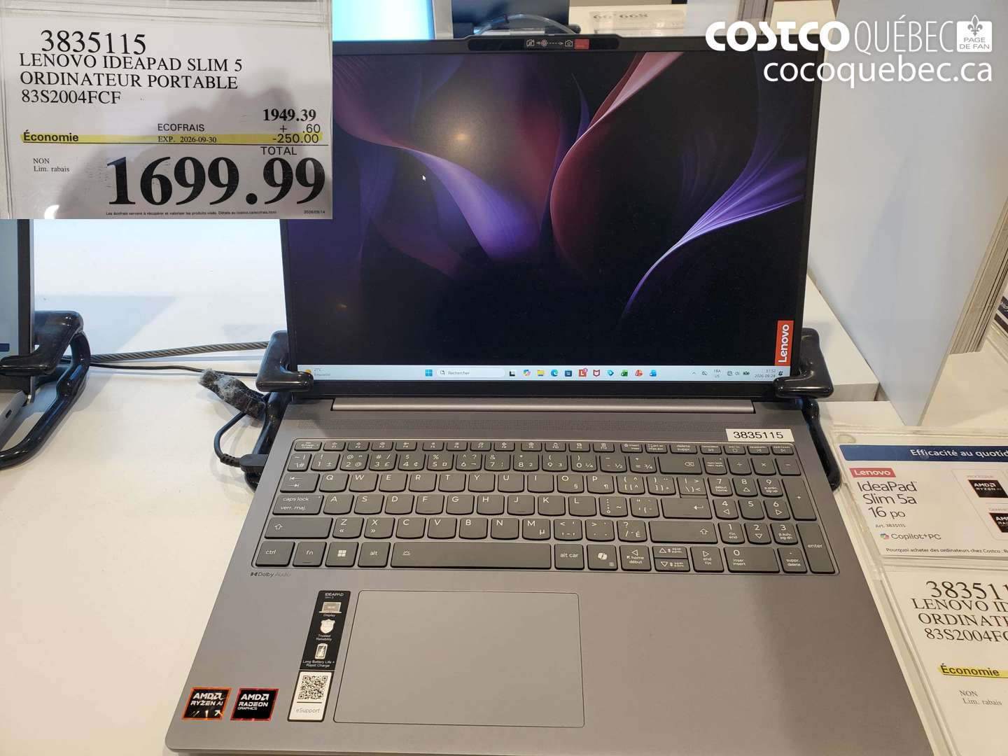 3835115 LENOVO IDEAPAD SLIM 5 ORDINATEUR PORTABLE ($250.00 INSTANT SAVINGS EXPIRES ON 2026-09-30) $1699.99