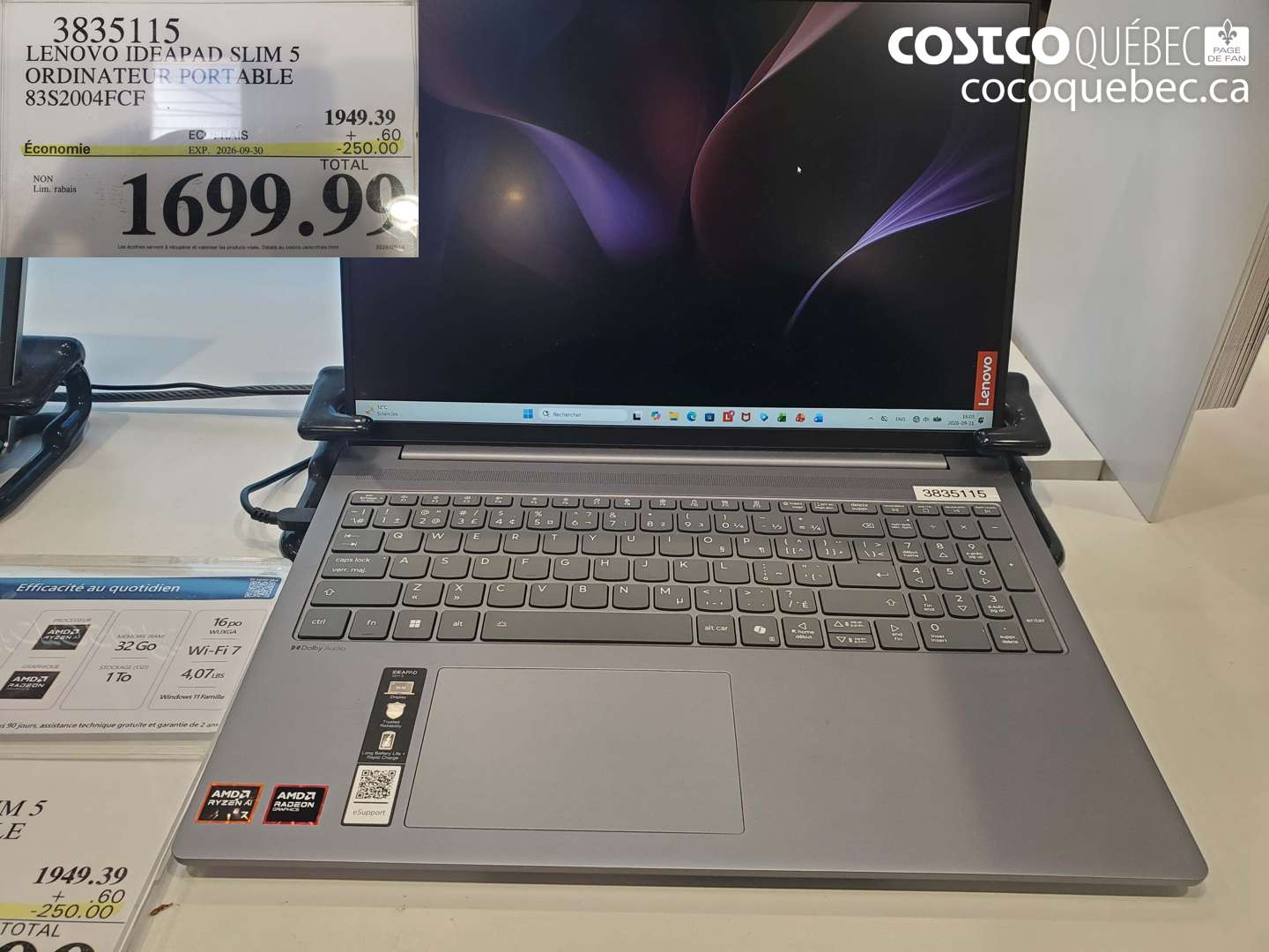 3835115 LENOVO IDEAPAD SLIM 5 ORDINATEUR PORTABLE 83S2004FCF ($250.00 INSTANT SAVINGS EXPIRES ON 2026-09-30) $1699.99