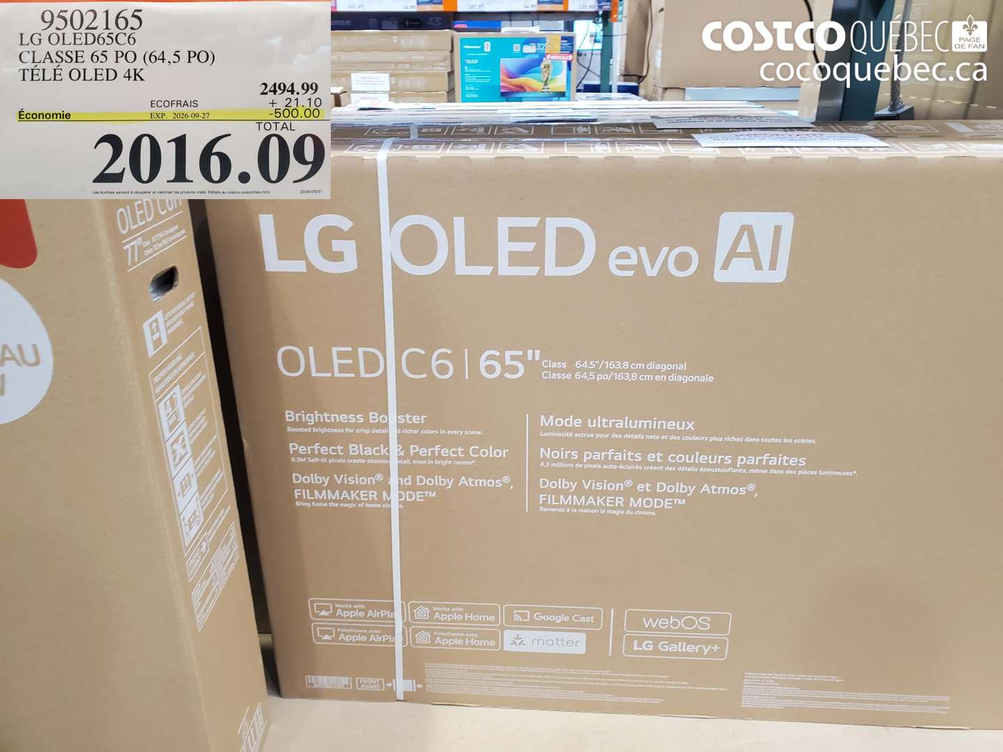 9502165 LG OLED65C6 CLASSE 65 PO (64.5 PO) TÉLÉ OLED 4K ($500.00 INSTANT SAVINGS EXPIRES ON 2026-09-27) $2016.09