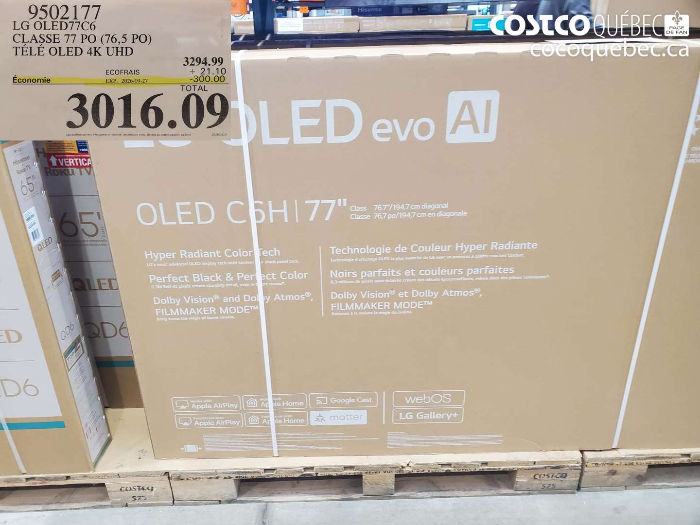 9502177 LG OLED77C6 CLASSE 77 PO (76.5 PO) TÉLÉ OLED 4K UHD ($300.00 INSTANT SAVINGS EXPIRES ON 2026-09-27) $3016.09