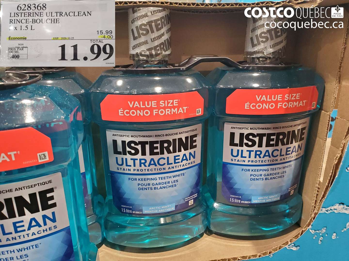 628368 LISTERINE ULTRACLEAN RINCE-BOUCHE 2 X 1.5 L ($4.00 INSTANT SAVINGS EXPIRES ON 2026-10-25) $11.99
