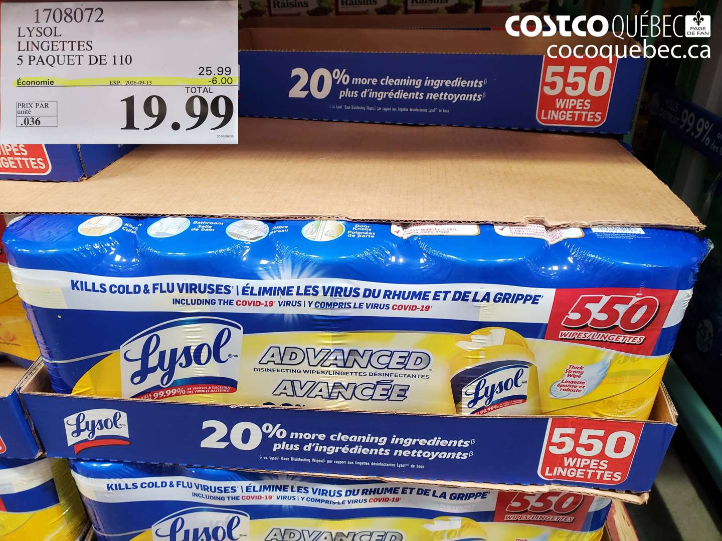 1708072 LYSOL LINGETTES 5 PAQUET DE 110 ($6.00 INSTANT SAVINGS EXPIRES ON 2026-09-13) $19.99