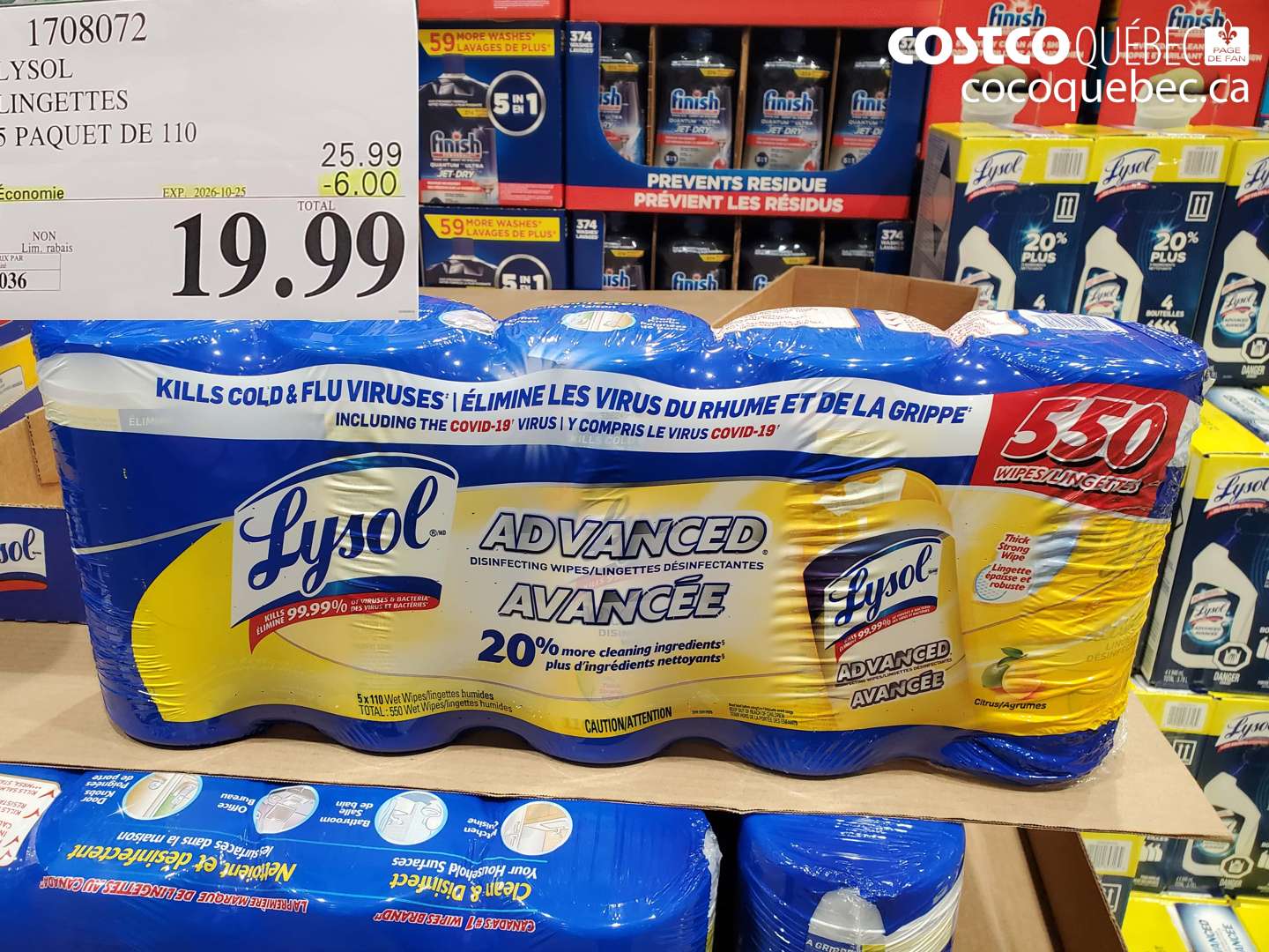 1708072 LYSOL LINGETTES 5 PAQUET DE 110 ($6.00 INSTANT SAVINGS EXPIRES ON 2026-10-25) $19.99