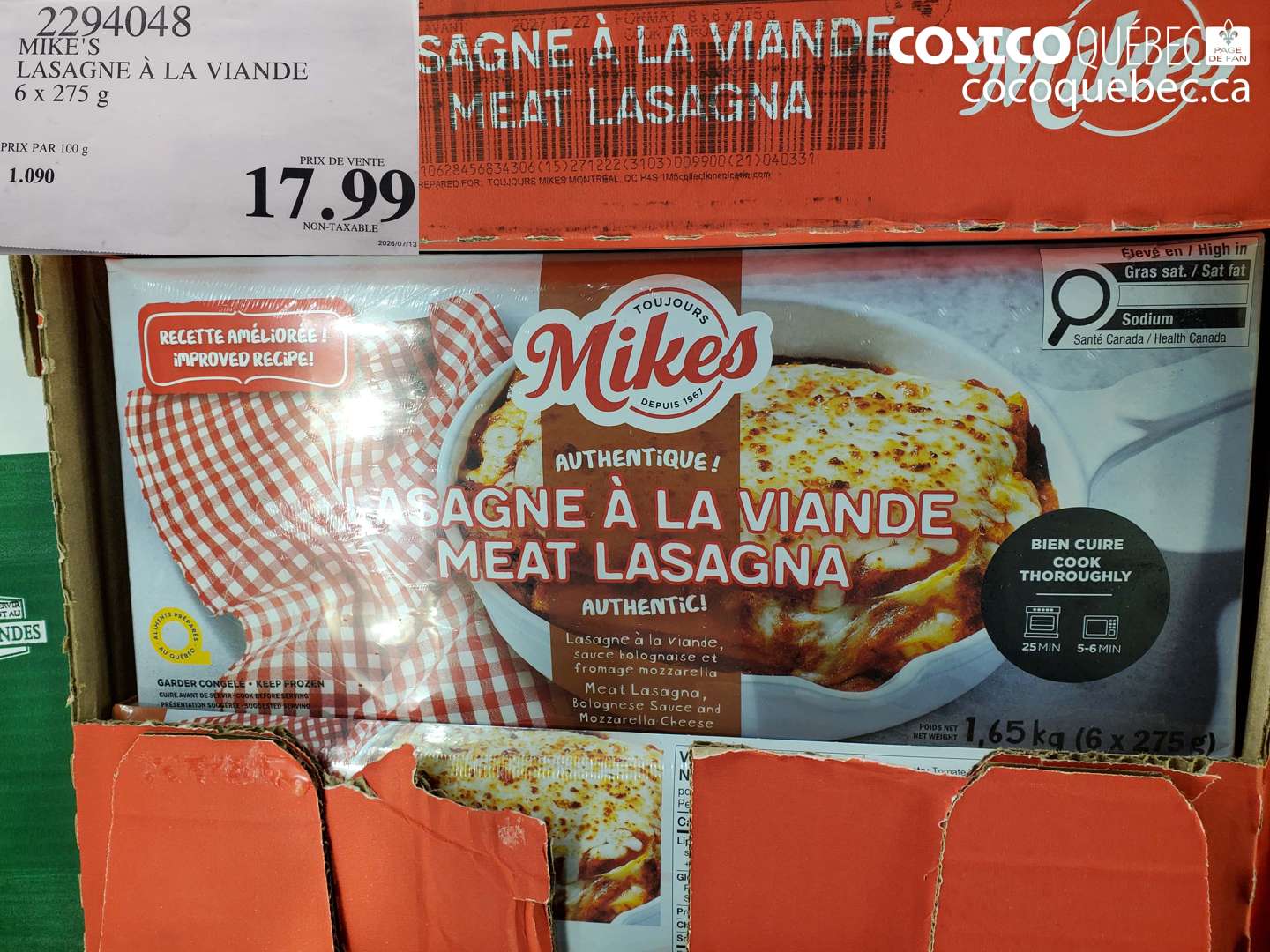 2294048 MIKE'S LASAGNE À LA VIANDE $17.99